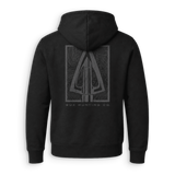 A black pullover hoodie shown from the back, featuring a large gray graphic of a compound bow inside a square frame with the text 'BUX HUNTING CO.' printed below.