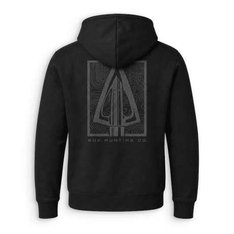 A black pullover hoodie shown from the back, featuring a large gray graphic of a compound bow inside a square frame with the text 'BUX HUNTING CO.' printed below.