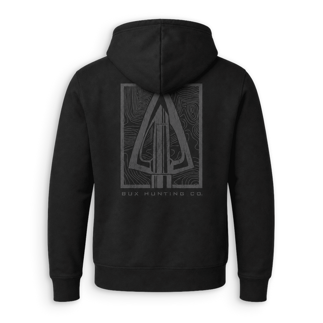 A black pullover hoodie shown from the back, featuring a large gray graphic of a compound bow inside a square frame with the text 'BUX HUNTING CO.' printed below.