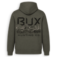An olive green pullover hoodie shown from the back, featuring a large black graphic print of two deer with antlers and the text 'BUX HUNTING CO.' on a white background.