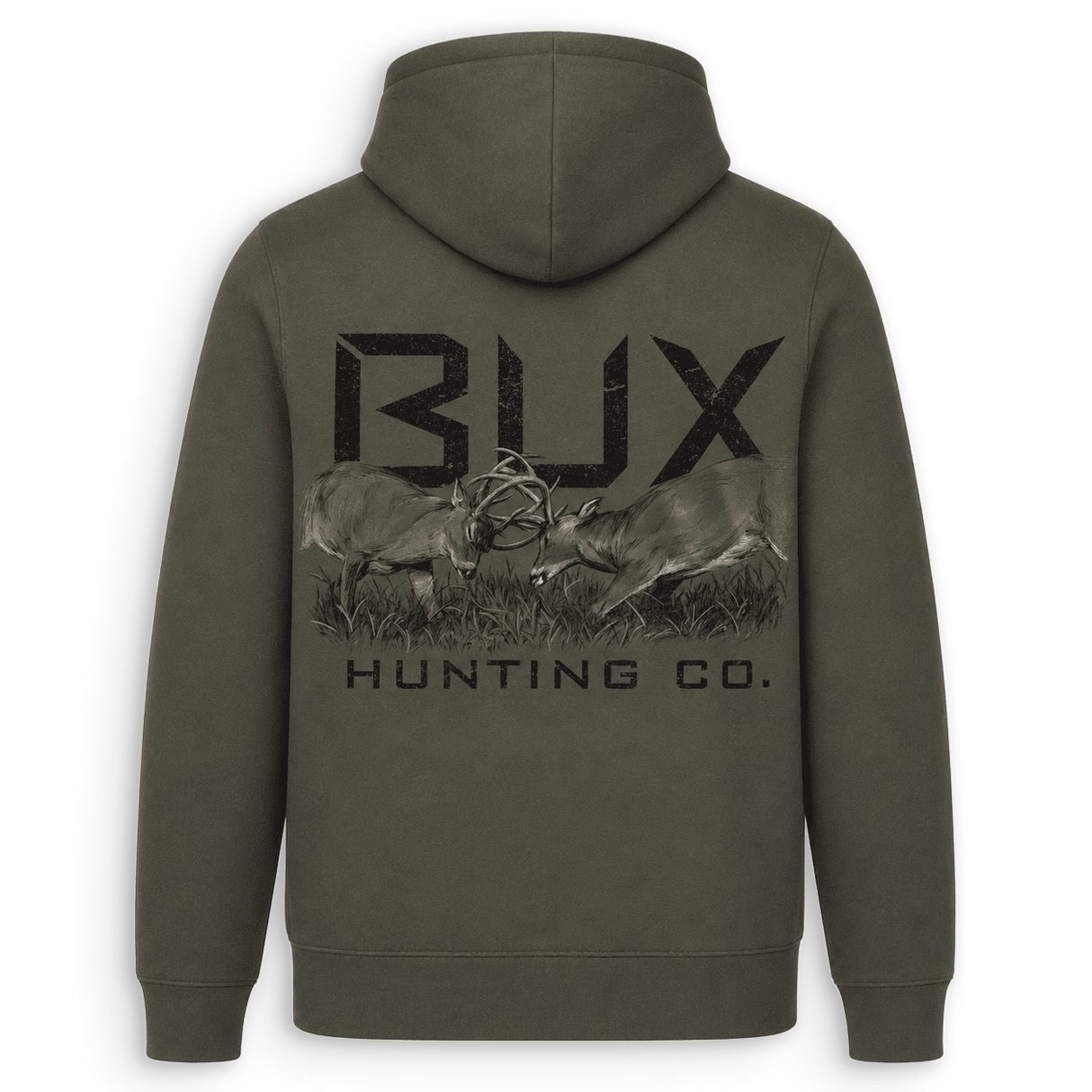 An olive green pullover hoodie shown from the back, featuring a large black graphic print of two deer with antlers and the text 'BUX HUNTING CO.' on a white background.
