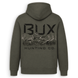 An olive green pullover hoodie shown from the back, featuring a large black graphic print of two deer with antlers and the text 'BUX HUNTING CO.' on a white background.