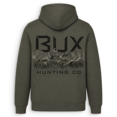 An olive green pullover hoodie shown from the back, featuring a large black graphic print of two deer with antlers and the text 'BUX HUNTING CO.' on a white background.