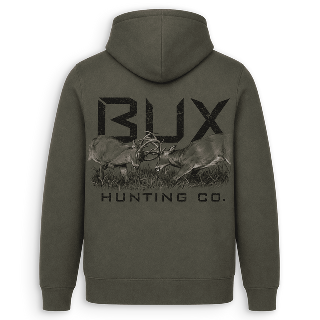 An olive green pullover hoodie shown from the back, featuring a large black graphic print of two deer with antlers and the text 'BUX HUNTING CO.' on a white background.