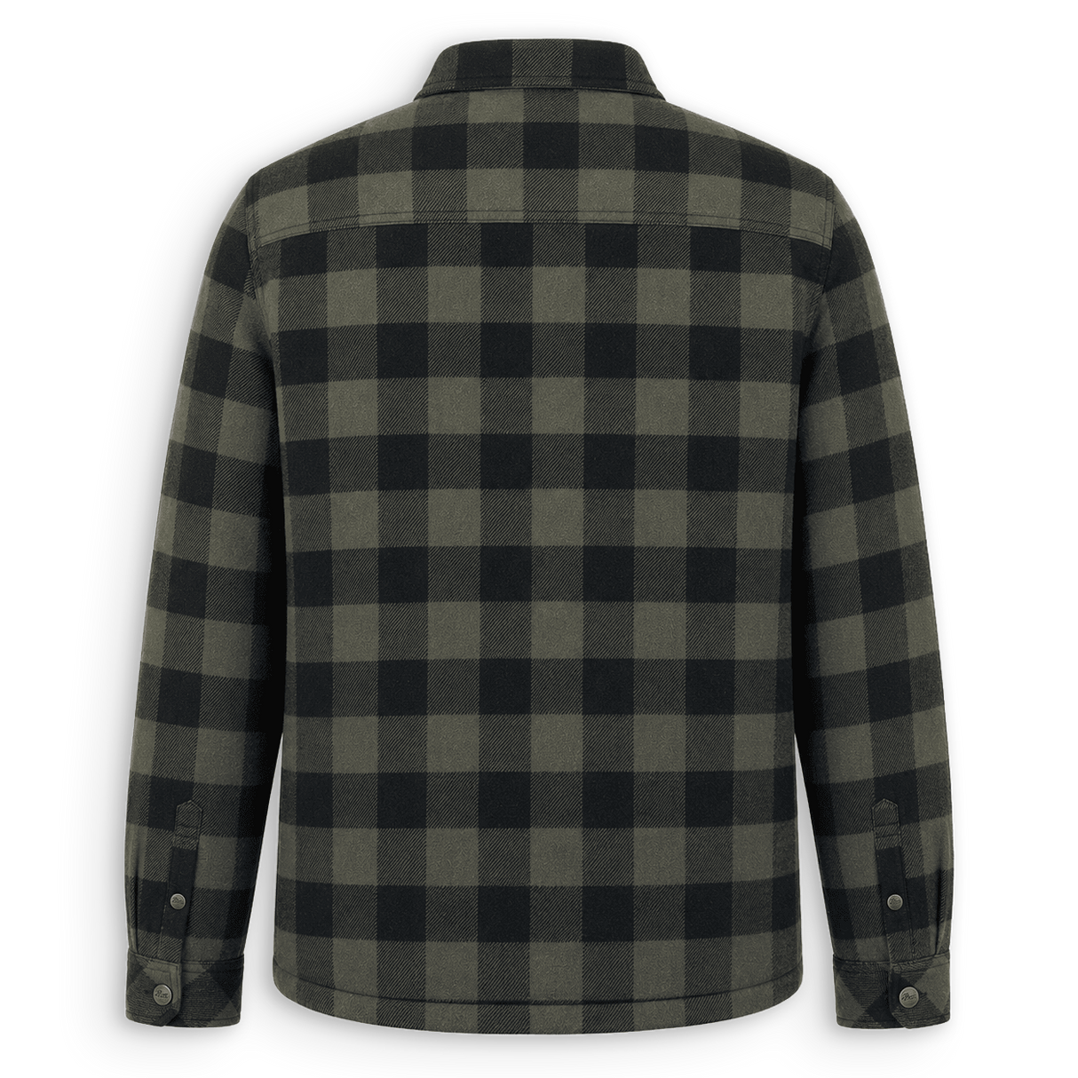 A long-sleeve plaid overshirt shown from the back, featuring a dark green and black buffalo check pattern with buttoned cuffs, set against a plain white background.