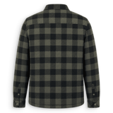 A long-sleeve plaid overshirt shown from the back, featuring a dark green and black buffalo check pattern with buttoned cuffs, set against a plain white background.