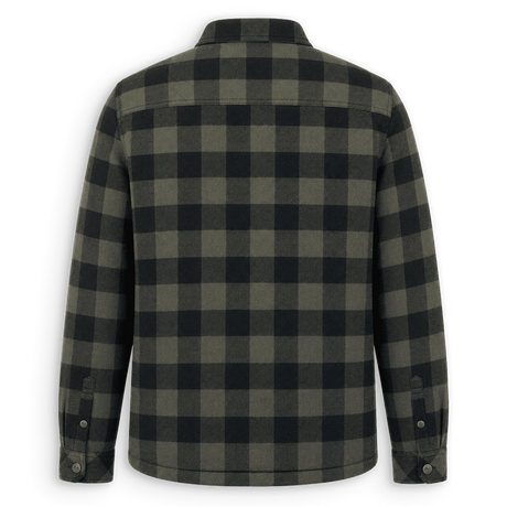 A long-sleeve plaid overshirt shown from the back, featuring a dark green and black buffalo check pattern with buttoned cuffs, set against a plain white background.