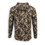 The back of a BUX hoodie and the BUX camo lightweight performance hoodie 