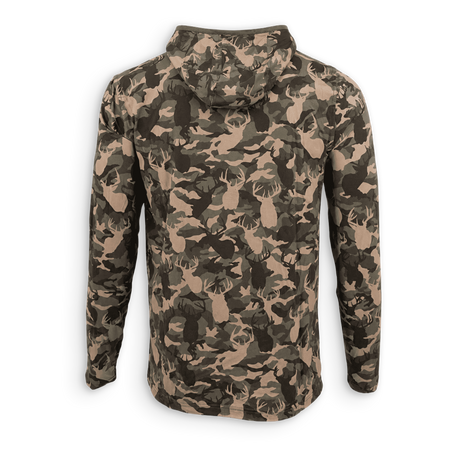 The back of a BUX hoodie and the BUX camo lightweight performance hoodie 