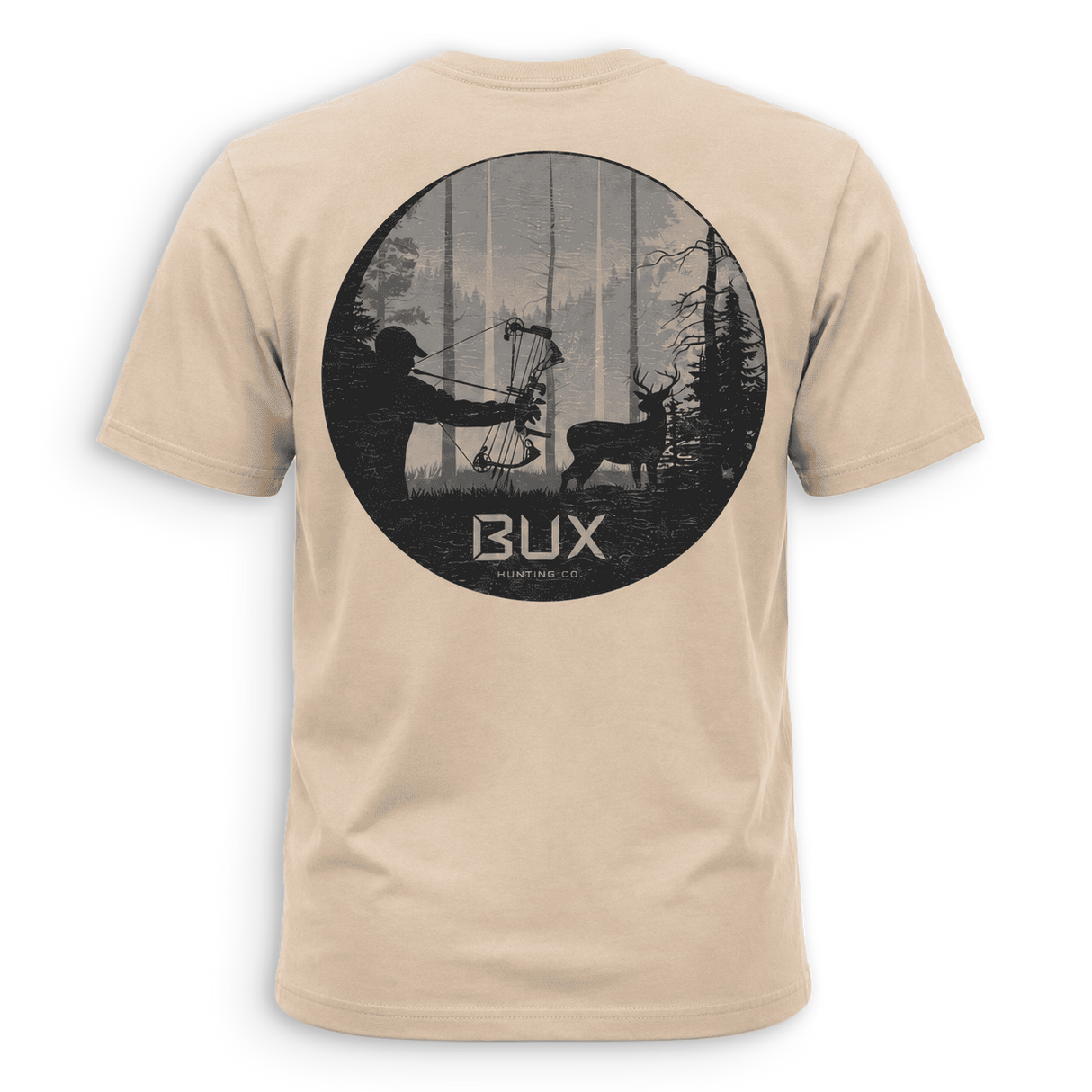 A beige crewneck t-shirt with a black graphic print on the back, featuring a circular hunting scene with a bowfied deer and the text 'BUX HUNTING CO.' in white, set against a solid green background.