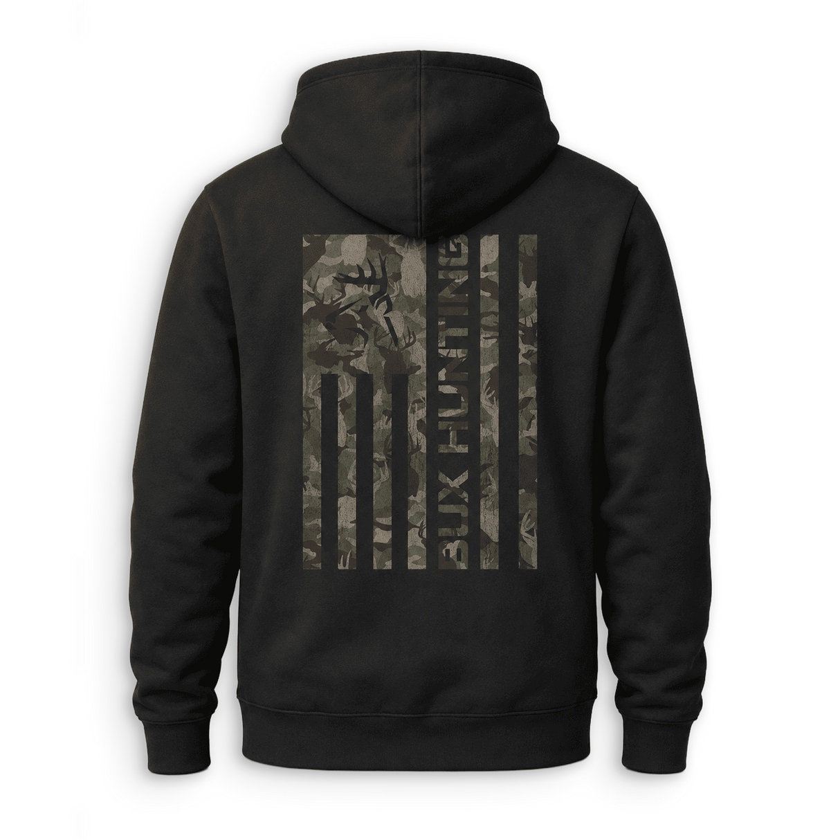 A black pullover hoodie shown from the back, featuring a large vertical American flag graphic on the back in a camouflage pattern with a deer head silhouette and the text 'BUX HUNTING'.
