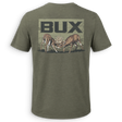 An olive green short-sleeve t-shirt shown from the back, featuring a large graphic print of two deer head-on with the word 'BUX' above them.