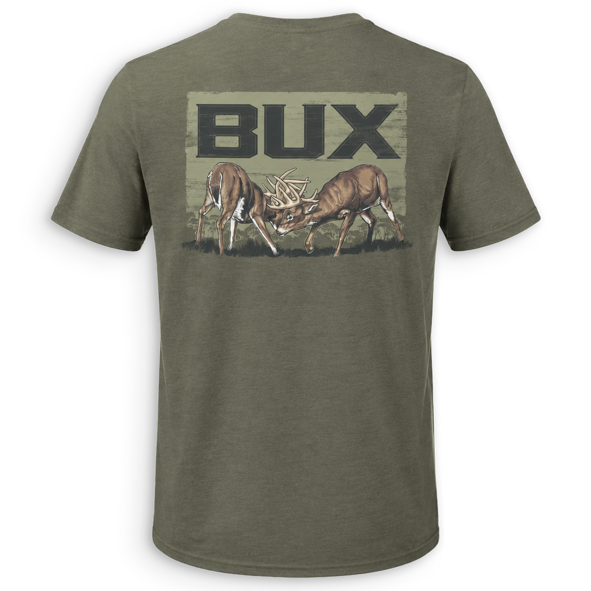 An olive green short-sleeve t-shirt shown from the back, featuring a large graphic print of two deer head-on with the word 'BUX' above them.