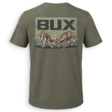 An olive green short-sleeve t-shirt shown from the back, featuring a large graphic print of two deer head-on with the word 'BUX' above them.