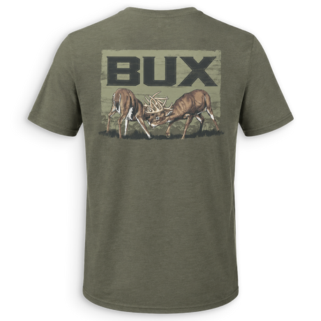 An olive green short-sleeve t-shirt shown from the back, featuring a large graphic print of two deer head-on with the word 'BUX' above them.