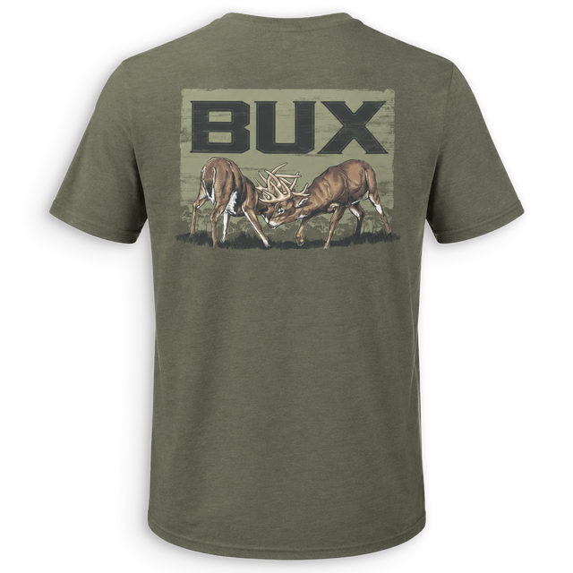 An olive green short-sleeve t-shirt shown from the back, featuring a large graphic print of two deer head-on with the word 'BUX' above them.