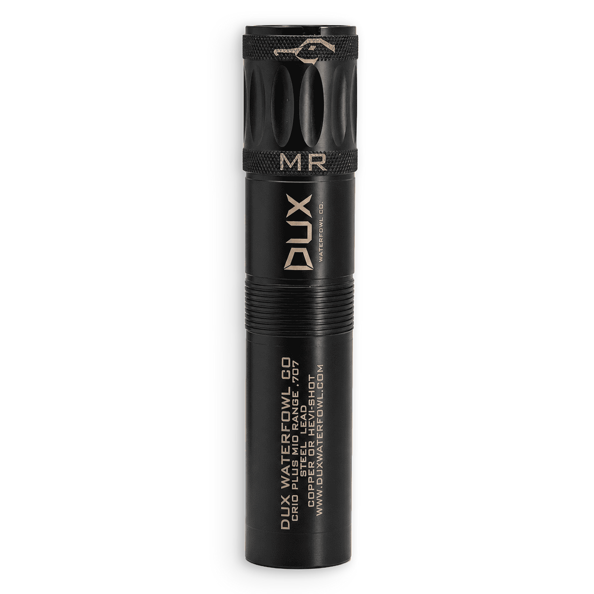 A black Dux Waterfowl CO. MR 3-inch copper lead flashlight with gold lettering, shown vertically on a plain white background.