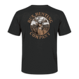 A black short-sleeve t-shirt shown from the back, featuring a large circular graphic print with a deer head, trees, and the text 'RUX HUNTING COMPANY' in brown and beige tones, set against a solid green background.
