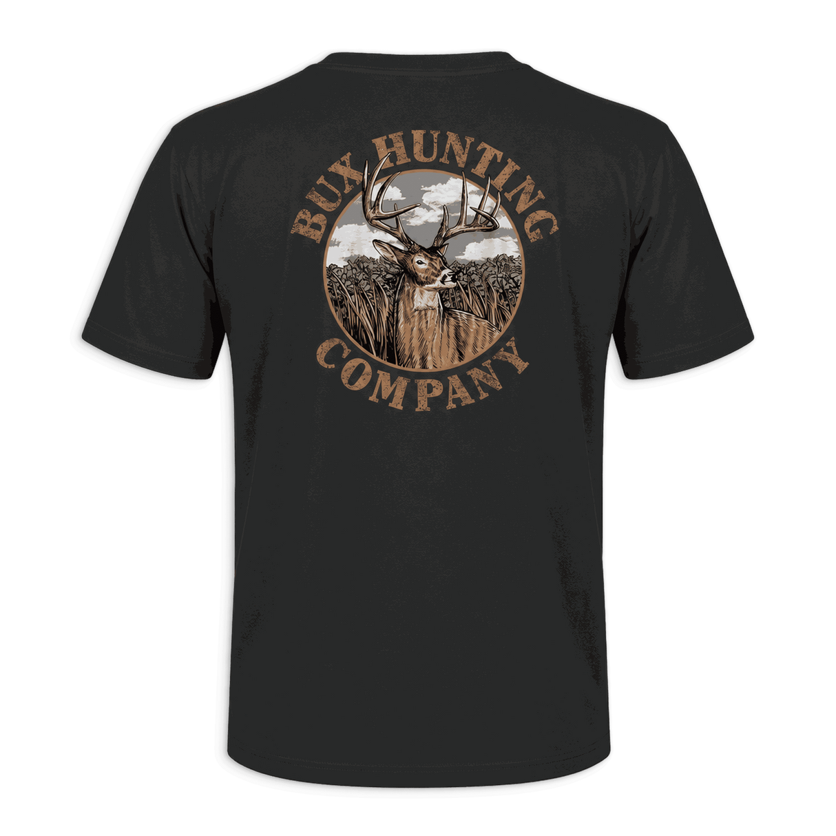 A black short-sleeve t-shirt shown from the back, featuring a large circular graphic print with a deer head, trees, and the text 'RUX HUNTING COMPANY' in brown and beige tones, set against a solid green background.