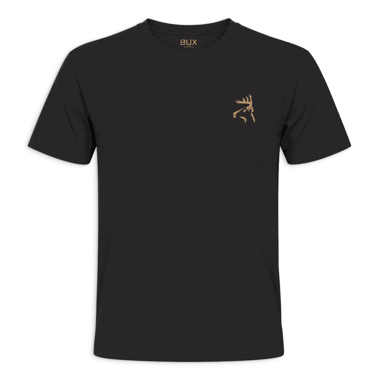 A black short-sleeve crewneck t-shirt with a small gold Buxom logo on the left chest, displayed against a solid green background.