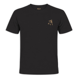 A black short-sleeve crewneck t-shirt with a small gold Buxom logo on the left chest, displayed against a solid green background.