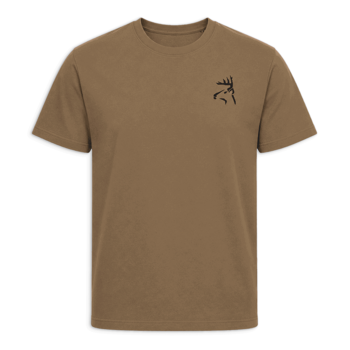 A tan crewneck t-shirt with black trim on the collar and sleeve cuffs, featuring a small black line-art deer logo on the left chest, displayed against a solid green background.