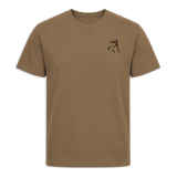 A tan crewneck t-shirt with black trim on the collar and sleeve cuffs, featuring a small black line-art deer logo on the left chest, displayed against a solid green background.