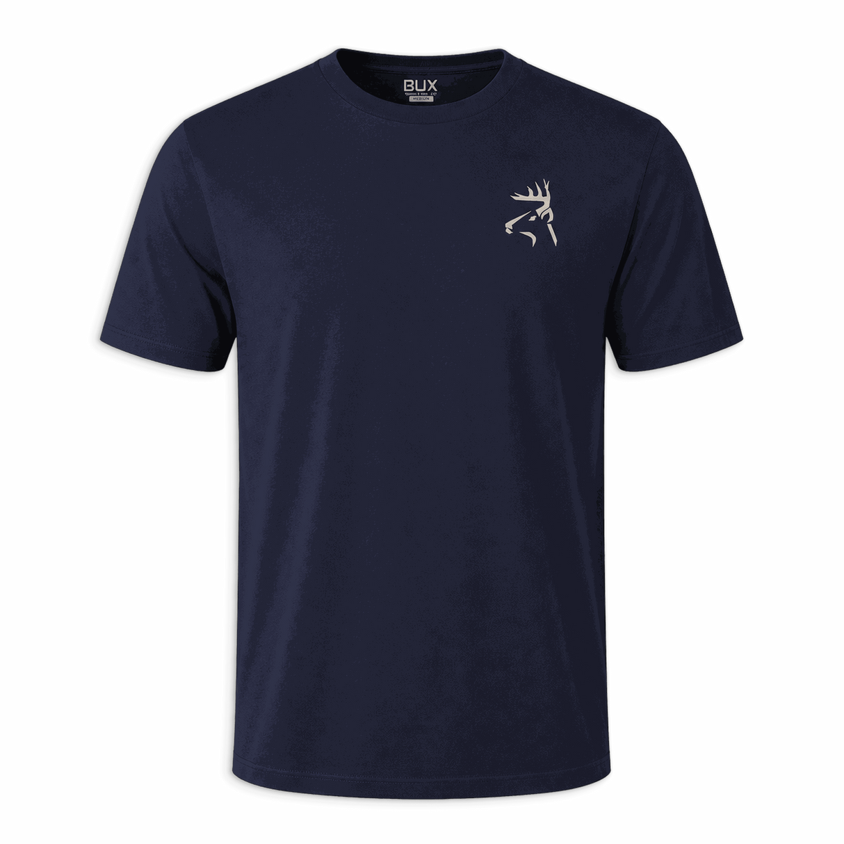 Navy blue buck shirt with buck's logo on chest 