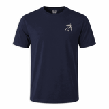 Navy blue buck shirt with buck's logo on chest 