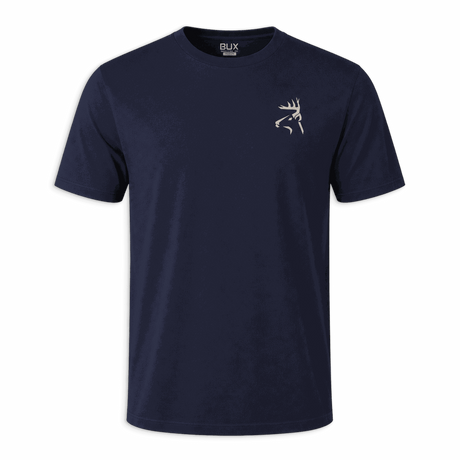 Navy blue buck shirt with buck's logo on chest 