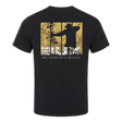 A black short-sleeve t-shirt with a large graphic print on the back, featuring a silhouetted figure holding a rifle against a distressed yellow and white rectangular background, with the text 'SILK' and 'NEXT GENERATION OF WHITESTAIL' below.