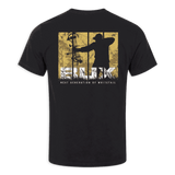 A black short-sleeve t-shirt with a large graphic print on the back, featuring a silhouetted figure holding a rifle against a distressed yellow and white rectangular background, with the text 'SILK' and 'NEXT GENERATION OF WHITESTAIL' below.
