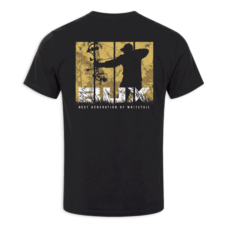 A black short-sleeve t-shirt with a large graphic print on the back, featuring a silhouetted figure holding a rifle against a distressed yellow and white rectangular background, with the text 'SILK' and 'NEXT GENERATION OF WHITESTAIL' below.