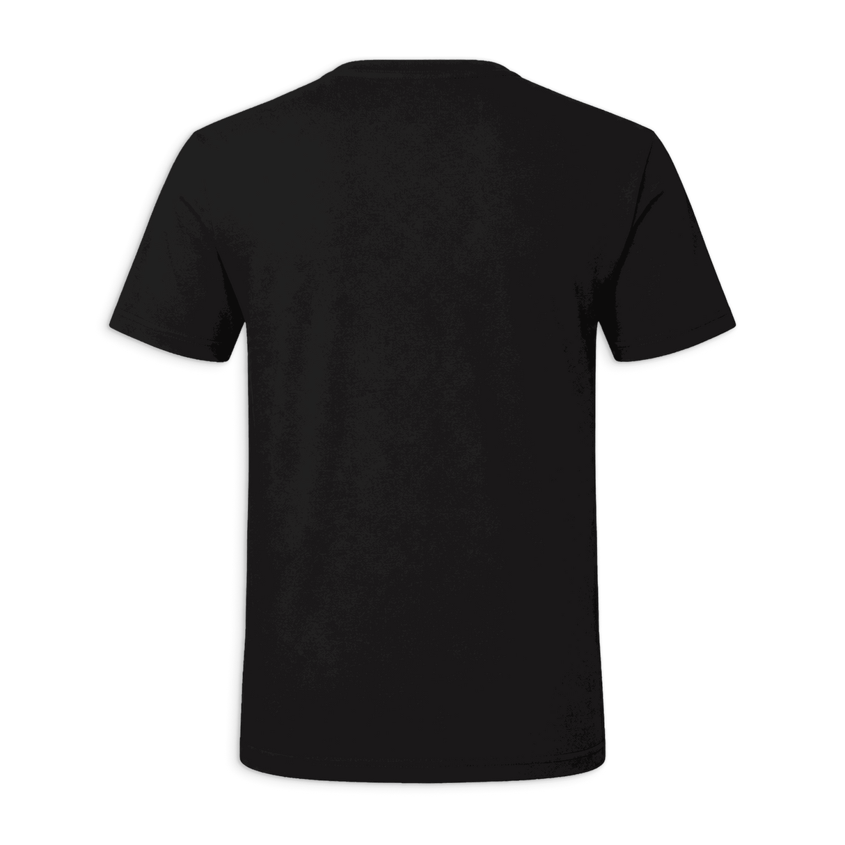 A plain black short-sleeve t-shirt shown from the back, centered on a solid dark green background.