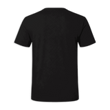 A plain black short-sleeve t-shirt shown from the back, centered on a solid dark green background.