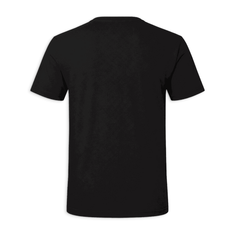 A plain black short-sleeve t-shirt shown from the back, centered on a solid dark green background.