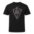 A black short-sleeve crewneck t-shirt featuring a distressed gray graphic on the chest with an arrowhead and the text 'BUX HUNTING CO'. The shirt is displayed against a solid dark green background.