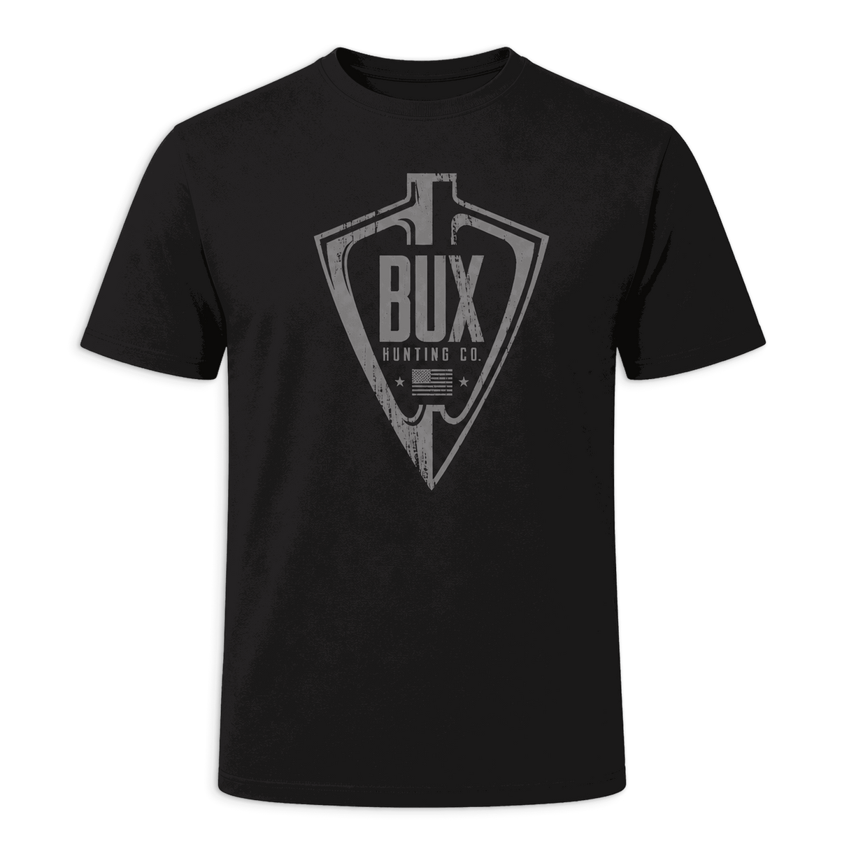 A black short-sleeve crewneck t-shirt featuring a distressed gray graphic on the chest with an arrowhead and the text 'BUX HUNTING CO'. The shirt is displayed against a solid dark green background.