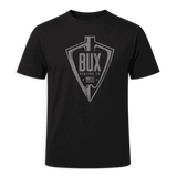 A black short-sleeve crewneck t-shirt featuring a distressed gray graphic on the chest with an arrowhead and the text 'BUX HUNTING CO'. The shirt is displayed against a solid dark green background.