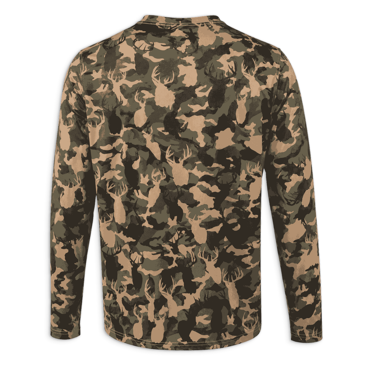 A long-sleeve crewneck shirt with an all-over camouflage pattern in shades of brown, tan, olive green, and black, shown from the back on a white background.