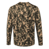 A long-sleeve crewneck shirt with an all-over camouflage pattern in shades of brown, tan, olive green, and black, shown from the back on a white background.