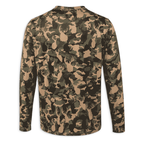 A long-sleeve crewneck shirt with an all-over camouflage pattern in shades of brown, tan, olive green, and black, shown from the back on a white background.