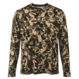 A long-sleeve crewneck shirt featuring an all-over deer head camouflage pattern in shades of tan, olive green, and black. A small embroidered script logo is visible on the left chest.