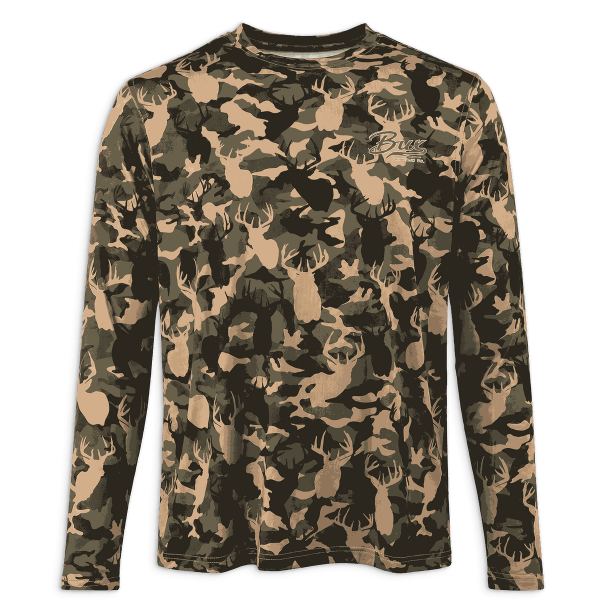 A long-sleeve crewneck shirt featuring an all-over deer head camouflage pattern in shades of tan, olive green, and black. A small embroidered script logo is visible on the left chest.
