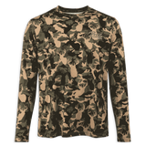 A long-sleeve crewneck shirt featuring an all-over deer head camouflage pattern in shades of tan, olive green, and black. A small embroidered script logo is visible on the left chest.