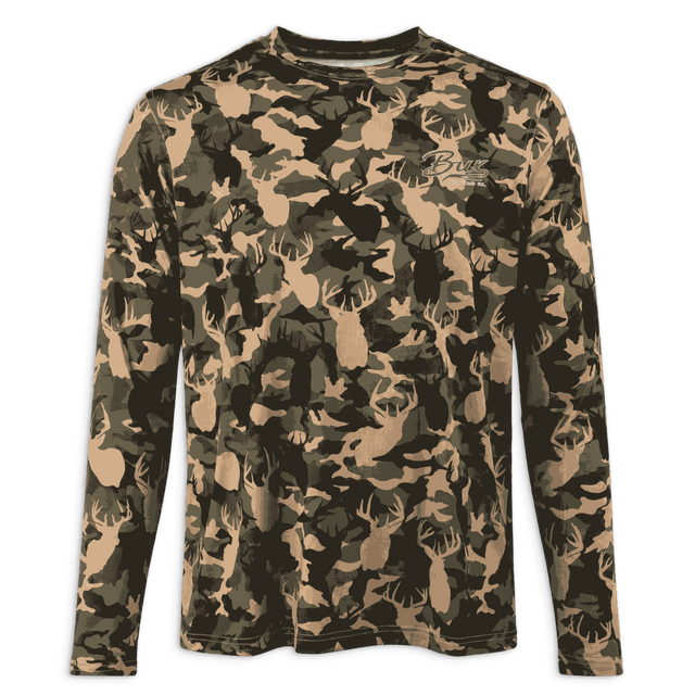 A long-sleeve crewneck shirt featuring an all-over deer head camouflage pattern in shades of tan, olive green, and black. A small embroidered script logo is visible on the left chest.