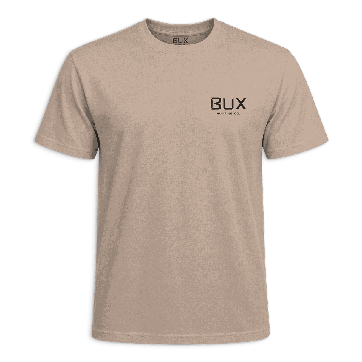 A light beige crewneck t-shirt with a black 'BUX' logo printed on the left chest, displayed against a solid dark green background.
