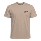 A light beige crewneck t-shirt with a black 'BUX' logo printed on the left chest, displayed against a solid dark green background.
