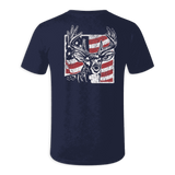 A navy blue short-sleeve t-shirt shown from the back, featuring a distressed graphic of a deer head with antlers set against an American flag pattern.