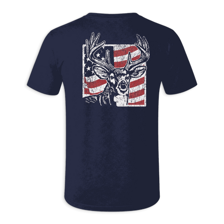 A navy blue short-sleeve t-shirt shown from the back, featuring a distressed graphic of a deer head with antlers set against an American flag pattern.